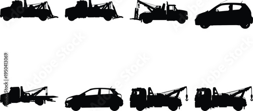 Set of tow trucks and cars in black silhouette, isolated on white, vector graphic collection