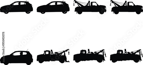 Group of car silhouettes and tow trucks in black, isolated on white background, vector art