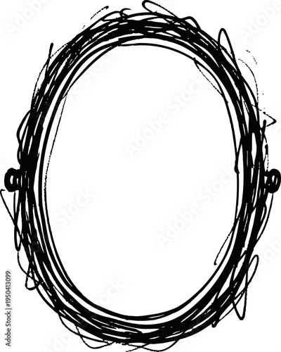 rustic oval frame with abstract black ink scribble border on white background, artistic hand drawn