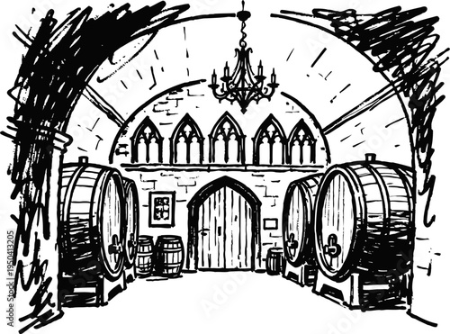 Medieval wine cellar interior with large wooden barrels and arched ceiling, rustic vintage storage room