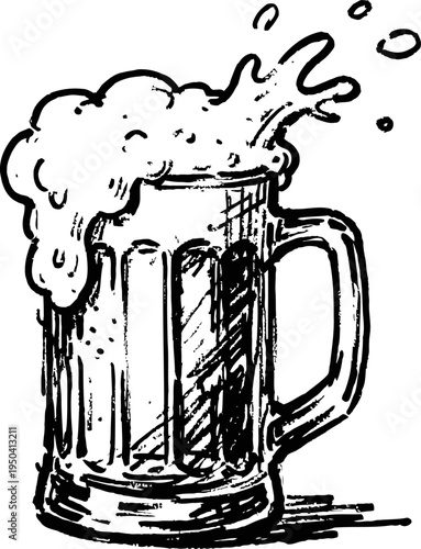 Foamy beer mug illustration with splash, frothy drink in glass tankard hand drawn sketch