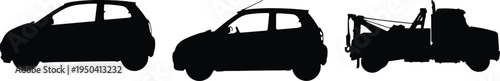 Silhouettes of compact cars and a tow truck on a clean white background.
