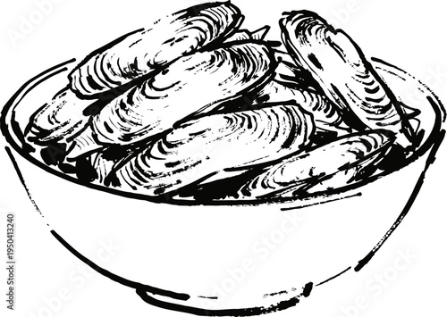 Bowl of cooked clams with shells opened, seafood dish illustration in black and white