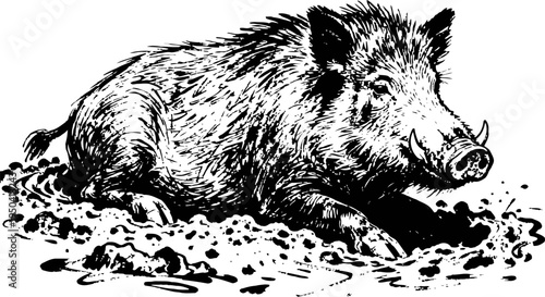 Wild boar resting on ground, detailed black and white ink illustration of forest animal lying down