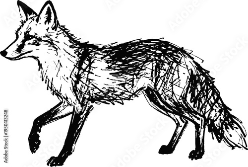 Black ink sketch of a fox walking sideways wild animal illustration with textured fur and tail details