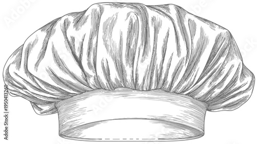 Black and white illustration of a chef's hat. Detailed shading suggests fabric folds