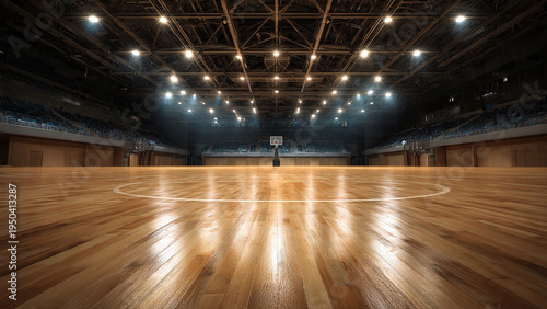 Wide-angle view of an empty indoor basketball arena with gleaming hardwood floor under dramatic overhead spotlights with no audience