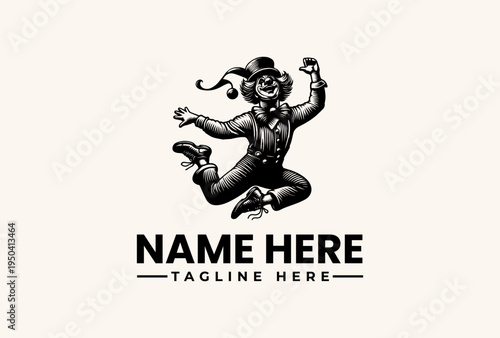 Black and white illustration of a dancing man in a suit and hat with a playful pose and text space for a logo or brand name on a plain background.