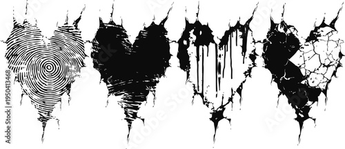 four artistic black hearts with textured and distressed effects on white background