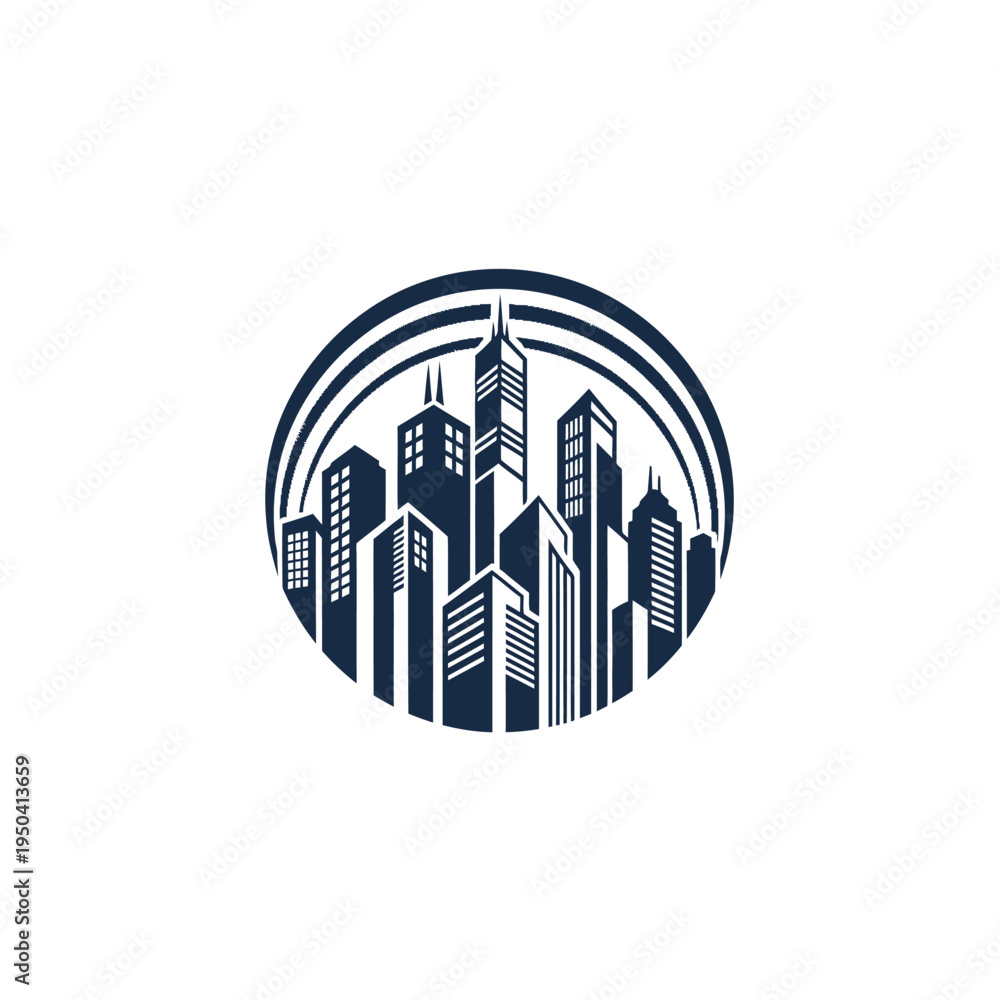 Fototapeta premium Abstract City Buildings Skyline within a Dark Blue Circular Logo on Isolated White Background