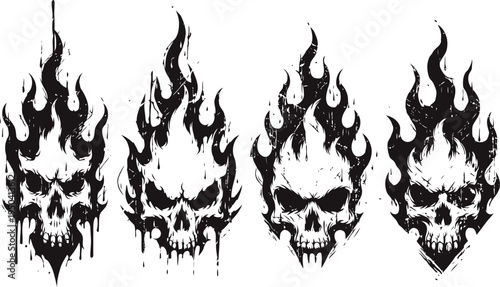 Four detailed flaming skulls illustrations with black ink splatter effect on white background