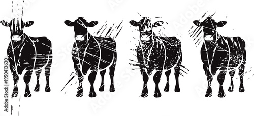 Distressed black silhouettes of four cows standing in a row with artistic scratch textures