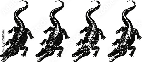 Four black and white alligator silhouettes with textured scales and long tails