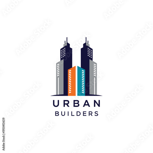 Modern Urban Buildings Logo with Abstract Lines and Windows on Isolated White Background