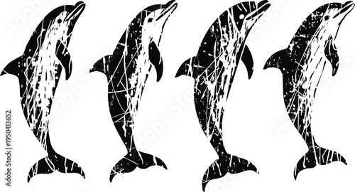 black and white dolphin silhouettes with grunge texture in various jumping poses
