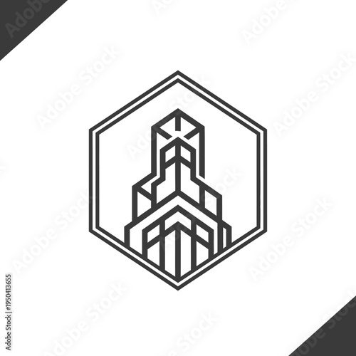Geometric Building Icon in Hexagon, Modern Architecture Logo Design on Isolated White Background