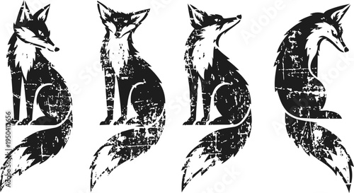 Stylized fox silhouettes in grunge texture showing various side poses and curled tail designs
