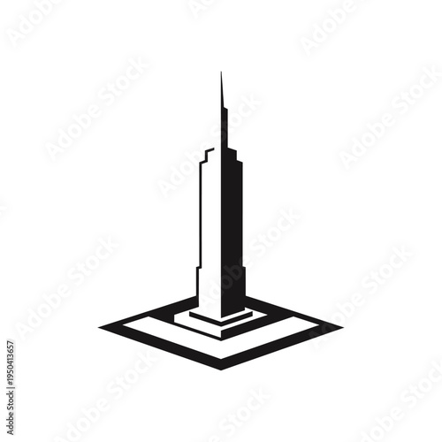 Stylized Modern Skyscraper Building Logo on a Square Base on Isolated White Background