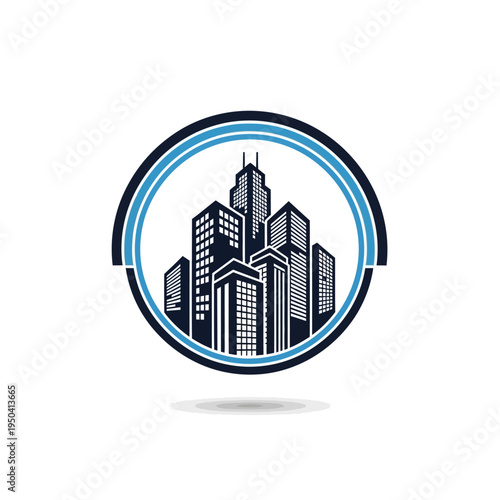 Modern City Buildings Skyline within a Circular Logo Design on Isolated White Background