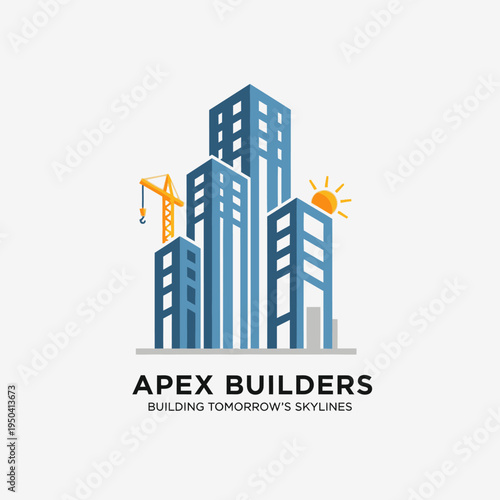 Modern City Buildings Under Construction with Crane and Sun Logo on Isolated White Background