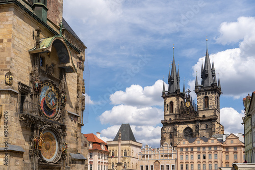 Sticker Astronomical clock on the facade of the Old Town Hall against the backdrop of Ty