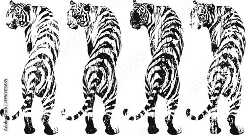 set of standing tiger silhouettes in different black and white striped patterns