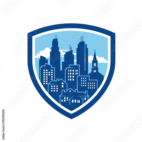 City Skyline Silhouette within a Blue Shield Logo on Isolated White Background