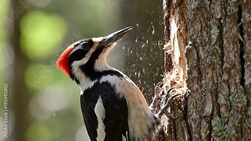 A woodpecker pecks at a tree creating a nest in forest.