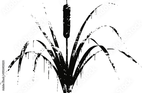 Silhouette of cattail plant with long leaves and seed head in black and white