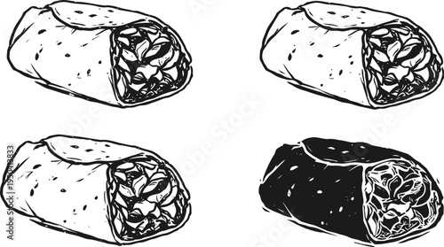 Burrito illustration set four hand drawn mexican food wraps with various fillings isolated on white