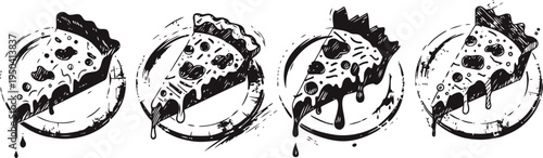 Four hand drawn pizza slices on plates with dripping cheese, black ink sketch