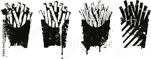 Black ink brush stroke fries illustrations set, abstract grunge french fries hand drawn art collection
