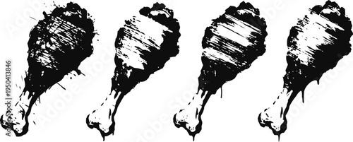 Grilled chicken drumsticks illustration in black and white ink style, barbecue meat food design