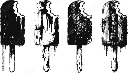 bite marks on melting ice cream bars with dripping texture, grunge summer dessert illustrations