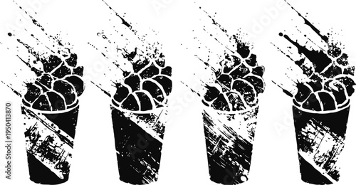 Abstract black grunge pineapple silhouettes with splatter texture effect on white background