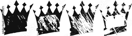 grunge black crowns set with distressed texture and rough edges, vintage decorative symbols