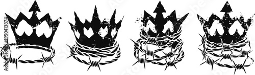 Set of four black crowns encircled by barbed wire in grunge