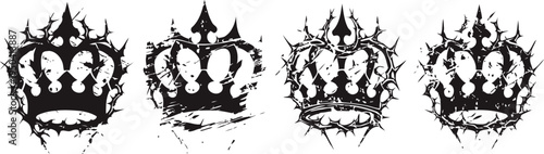 grunge black crown silhouettes set with distressed and scratched textures, royal vintage symbols