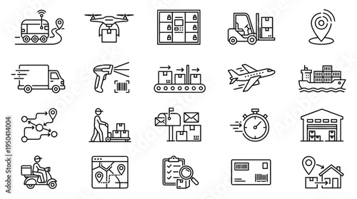 Logistics and Fast Delivery Icon Set – Cargo Drone Warehouse Shipping Vector