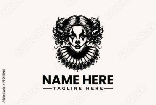 A black and white vector illustration of a clown's face with curly hair and a ruffled collar on a light beige background with space for a company name and tagline.
