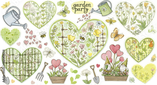 Garden party theme with heart-shaped floral illustrations and tools