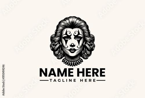 A black and white illustration of a lion's head logo with a stylized mane and customizable text fields for a name and tagline on a plain background.
