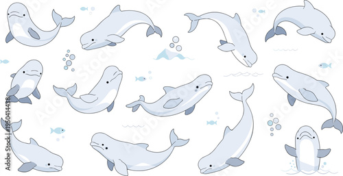 Beluga Whale Marine Animal Illustration Set Featuring Swimming, Diving, and Playing Poses of Cute Arctic Ocean Mammals in Underwater Scene.
