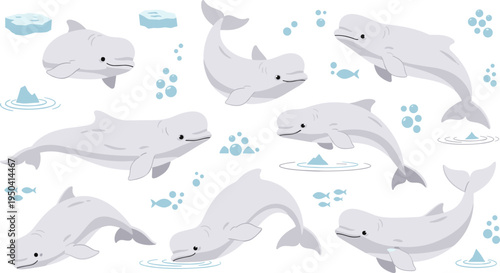 Beluga Whale Marine Wildlife Illustration Set Featuring Swimming, Diving, and Playing Poses of Arctic Ocean Mammal with Ice and Bubbles.
