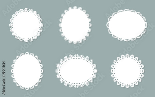Set of white round and oval lace doilies. Paper cutout design. Vintage oval and circle frame collection.