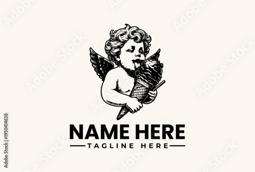 Obraz na płótnie A black and white illustration of a cherub holding a quill pen with wings spread