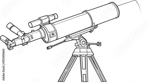 Black and white line drawing of a telescope mounted on a tripod for observation