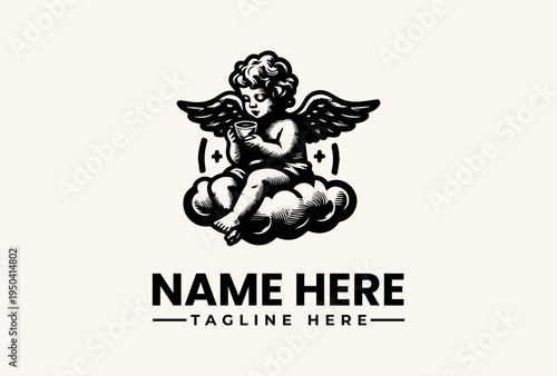 A black and white illustration of a cherub sitting on a cloud with wings spread, holding a heart, with a placeholder text for a logo name and tagline in a classic, elegant style.