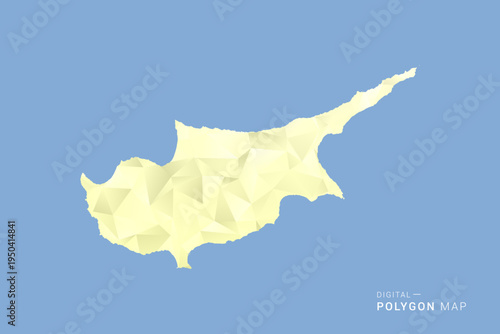 Cyprus Map in low poly polygon vector style, geometric shape illustration with soft yellow tones on blue background, clean silhouette for infographic.