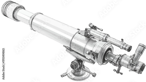 Black and white illustration of a refracting telescope. It is set against a white background